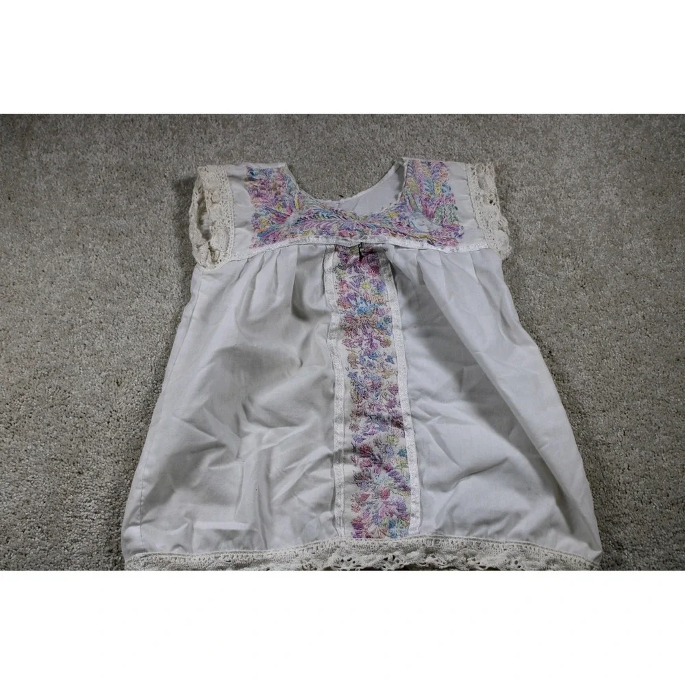 Vintage‎ Handmade Baby Dress Girls Small White Pastel Embroidered Lace Trim 80s